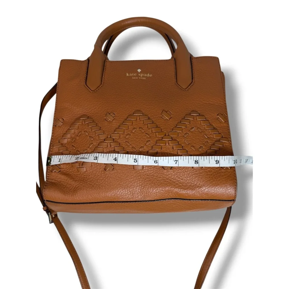 Kate Spade Meriwether Cognac Pebbled Leather Woven Diamond Satchel Crossbody Bag